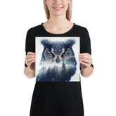 Double Exposure Owl and the Snowy Forest on a Square Matte Poster